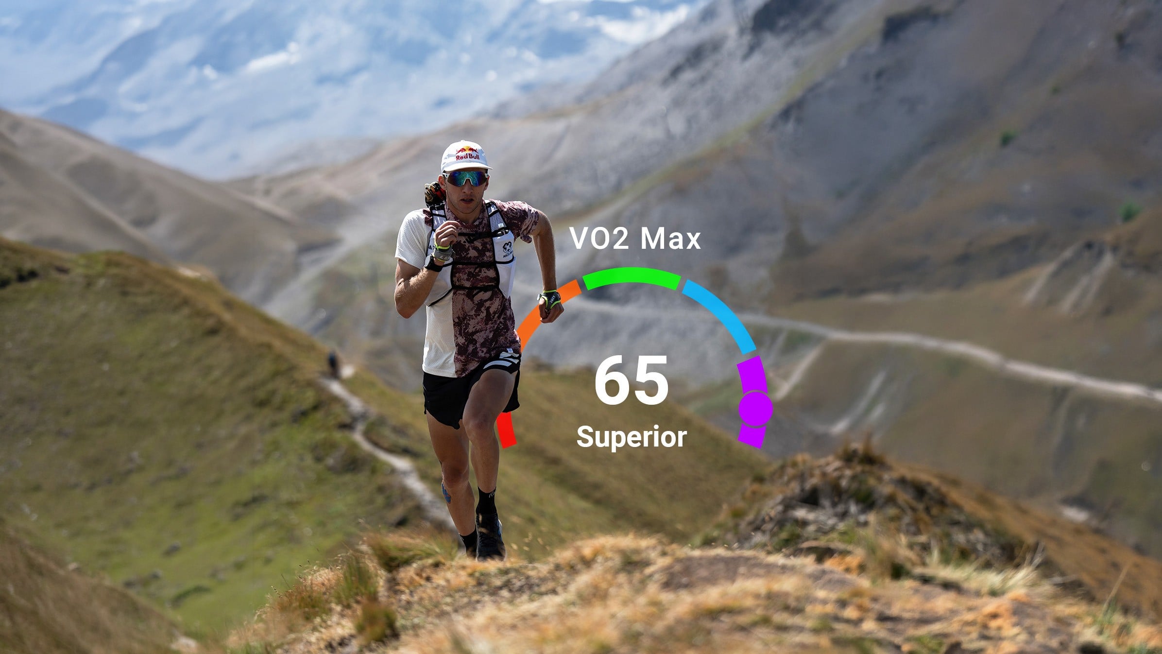 Løber i bjerglandskab med grafik, der viser VO2 max 65, klassificeret som superior.