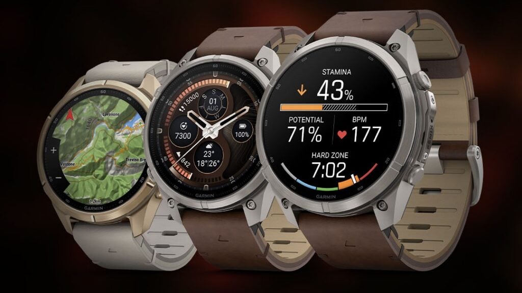 Garmin fēnix 9 Pro-modeller med kortvisning, urskive og Stamina-data